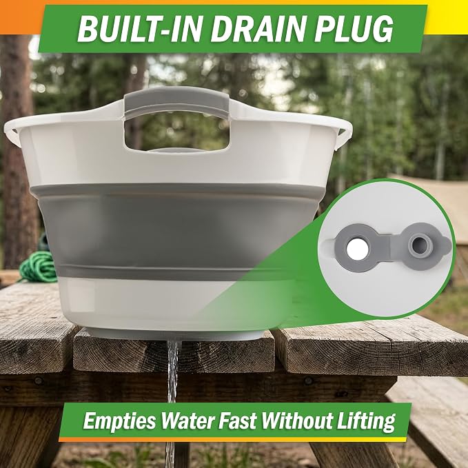 Collapsible Wash Basin - 20L Portable Sink with Drain Plug - Foldable Plastic Tub Dish Pan for Camping Gear, Handwashing Laundry, Vegetables, Dishes, Bottles, or RV Dishpan by Wakeman Outdoors (Gray)