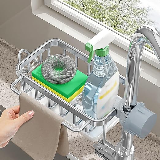 Kitchen Sink Faucet Organizer, Left Sponge Holder Over Faucet Sink Caddy with Drip Tray, Detachable Hanging Faucet Drain Rack for Scrubbers, Soap, Bathroom, Fits 0.7-1.1in Round Pipe (Silver)