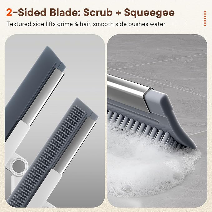 Floor Squeegee Broom with Rubber Scrubbing Teeth, 2-in-1 Magic Broom with 58 Inch Telescopic Handle, Wide Shower Floor Squeegee for Bathroom, Garage, Kitchen, Tile, Concrete, Pet Hair and Water