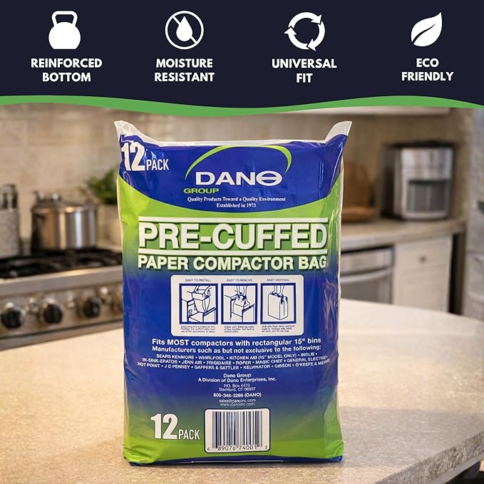 Dano Pre-Cuffed Paper Trash Compactor Bags (50 Pack) | Heavy Duty Kitchen Garbage Compactor Bags & Liners | 16 Gallon Precuffed Garbage Bag for Compactor | Eco-Friendly Compactor & Trash Bag