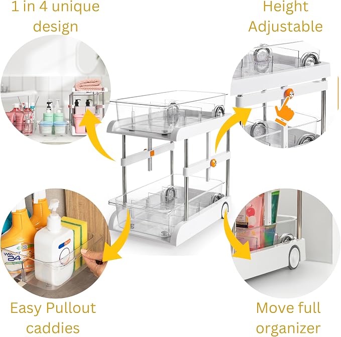 GAROOD All-in-One Multipurpose Sink and Height Adjustable Bathroom Cabinet Organizer with Pull Out Drawers, Spice Rack drawer, Sink Sponge Holder, Makeup Organizers, and under sink organizer - 1 pack