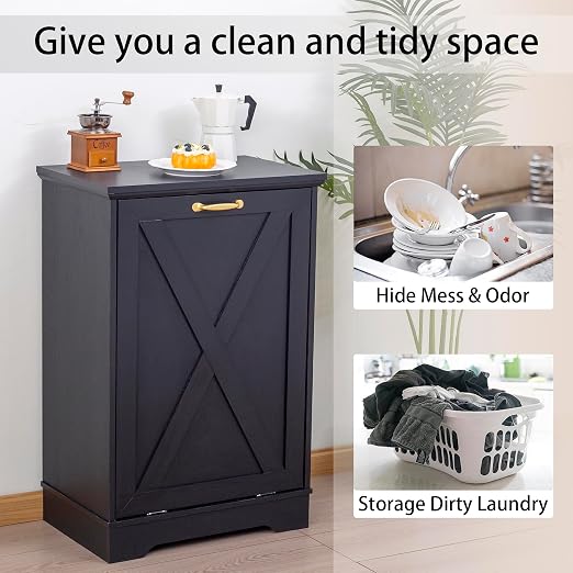 13 Gallons Tilt Out Trash Cabinet, Hidden Trash Can Cabinet Wooden Tilt Out Pet Proof Hidden Trash Bin Cabinet for Kitchen (Black)