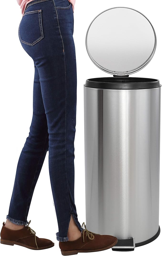 happimess HPM1000A Oscar 8-Gallon Step-Open Trash Can with Free Mini Trash Can, Modern, Fingerprint Proof for Home, Kitchen, Office, Large:7.9 Gallon Small:1.3 Gallon, Stainless Steel