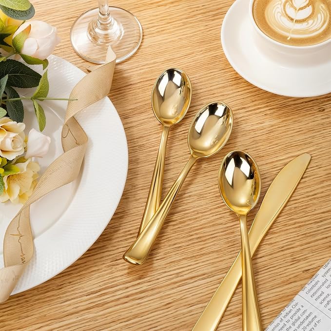 Liacere 200 Pack Gold Plastic Spoons - 6.7 inch Heavy Duty Plastic Spoons - Heavyweight Gold Disposable Spoons for Parties & Weddings & Restaurants & Christmas & New Year