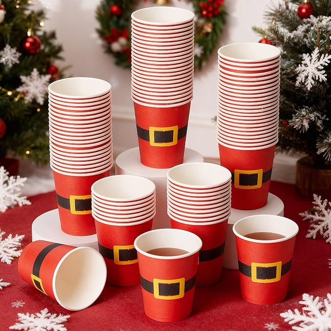 Yaomiao 300 Pcs 9 oz Christmas Paper Cups Santa Claus Belt Design Disposable Christmas Hot Cocoa Coffee Cups Bulk for Hot Cocoa Chocolate Beverage Bar for Daily Use Xmas Holiday Party Supplies