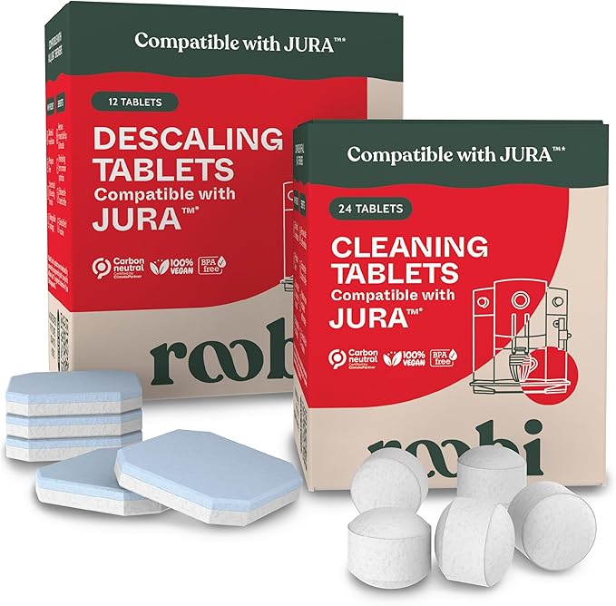 Roobi Jura Compatible Cleaning & Descaling Kit. Specially Formulated to Clean & Descale your Jura Espresso Machine. 100% Vegan, Carbon Neutral.