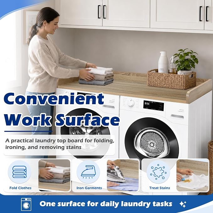 ROYXEN Washer Dryer Countertop, Laundry Countertop Solid Wood, Countertop for All Front-Loaded Washing Machine and Dryer, Extra Room for Laundry Room, White Oak