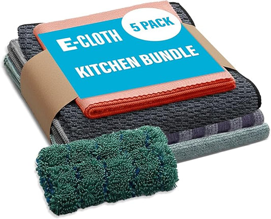 E-Cloth 5-pc Kitchen Bundle, Microfiber Cleaning Cloths Set with Dish Scrubber, Ideal Spotless Cleaner for Granite, Marble, Kitchen, Sink, Dish and Stainless Steel Pot and Pans, 100 Wash Promise