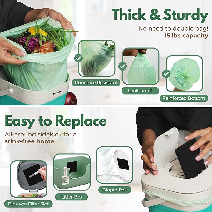 AIRNEX Collapsible Food Waste Bin with Lid - 1 Gallon Food Waste Caddy for Kitchen Made of Wheat Straw - Odor Free Compost Bin with 20 Pcs Compostable Trash Bags and 14 Pcs Carbon Filters