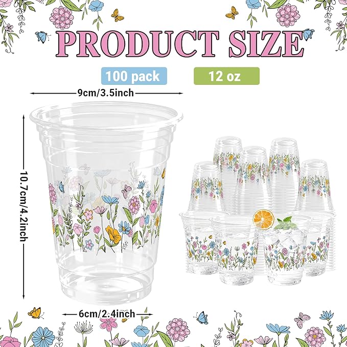 100 Pcs Wildflower Clear Cups 12 oz Plastic Flowers Disposable Drinking Cups Bulk for Spring Groovy Party Floral Baby Shower Birthday Supplies