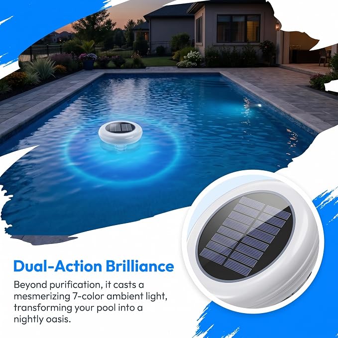 Solar Pool Ionizer, Upgraded Larger Solar Panel Copper Pool Ionizer Floater Auto Switching of Multi-Colored LED Night Light, Ionizador Solar for Above Ground, Inground Pool, Up to 45,000 Gal
