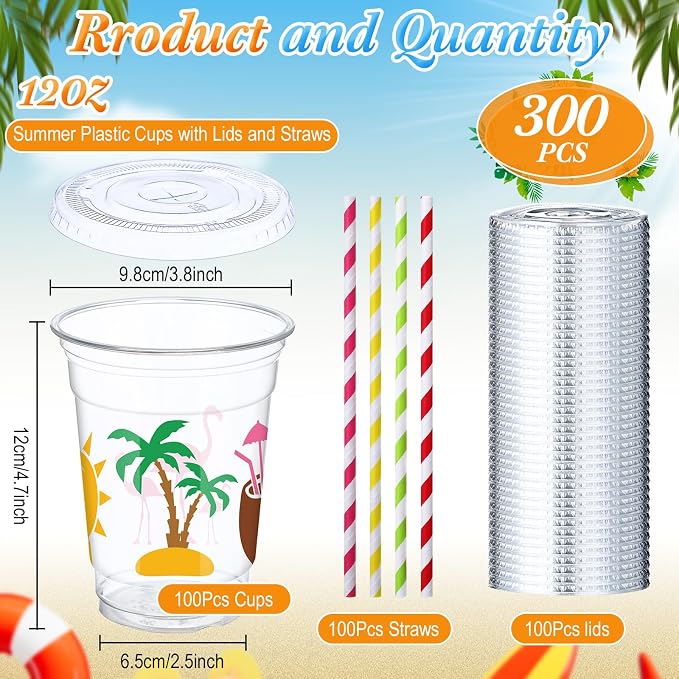 Blushtier 300 Pcs Summer Disposable Plastic Cups with Lids and Straws - 12oz Hawaii Laua Party Favors - Flamingo Disposable Clear Palm Tree Floral Tropical Drinking Cups for Party