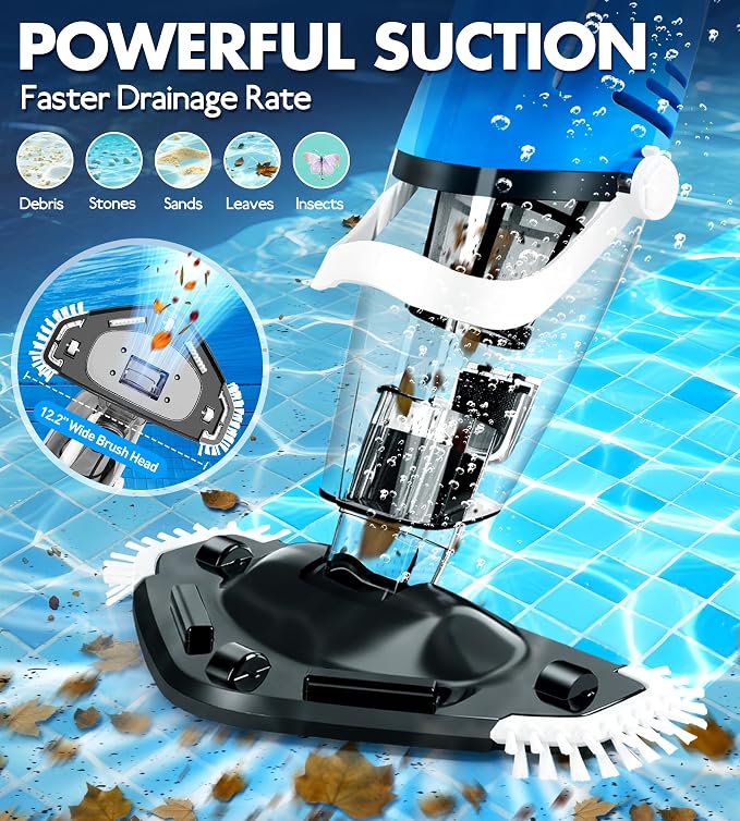 KlrSwp Cordless Pool Vacuum for Above Ground Pool, Magnetic Charging Handheld Pool Vacuum Cleaner, Anti-backflow Design Spa Vacuum for Hot Tub with Telescopic Pole | 18.5GPM Suction, 80-Min Runtime