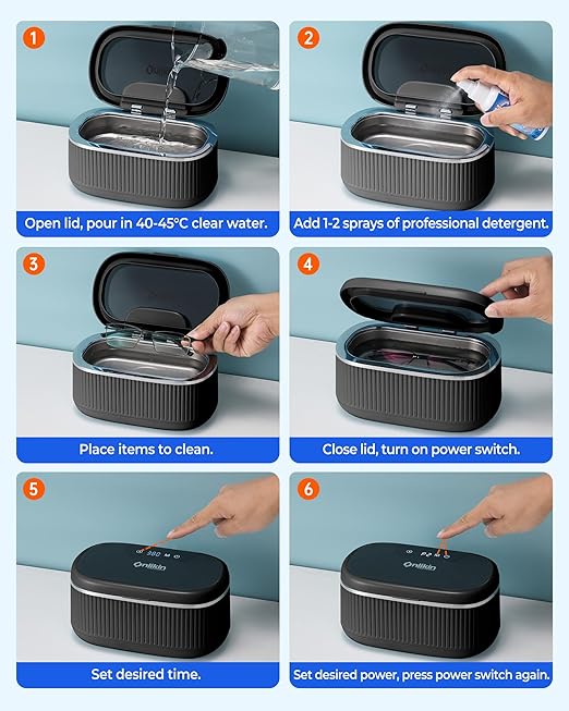 35W Ultrasonic Jewelry Cleaner, 45KHz Retainer Cleaner for Jewelry, 5 Timer & 3 Power Modes, Eyeglasses, Rings, Watch Strap, Dentures - 20oz, 304 Stainless Steel Tank, Quiet <38dB (Black)