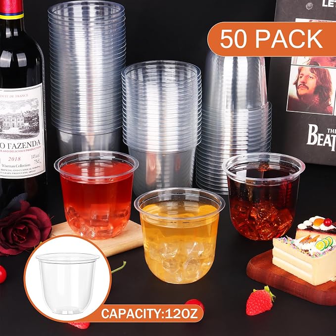 KesaPlan 50 Pcs Disposable Stemless Glasses 12oz Crystal Plastic Wine Glasses Clear Classic Cup for Meeting Weddings Birthdays Cocktail Christmas Party Supplies