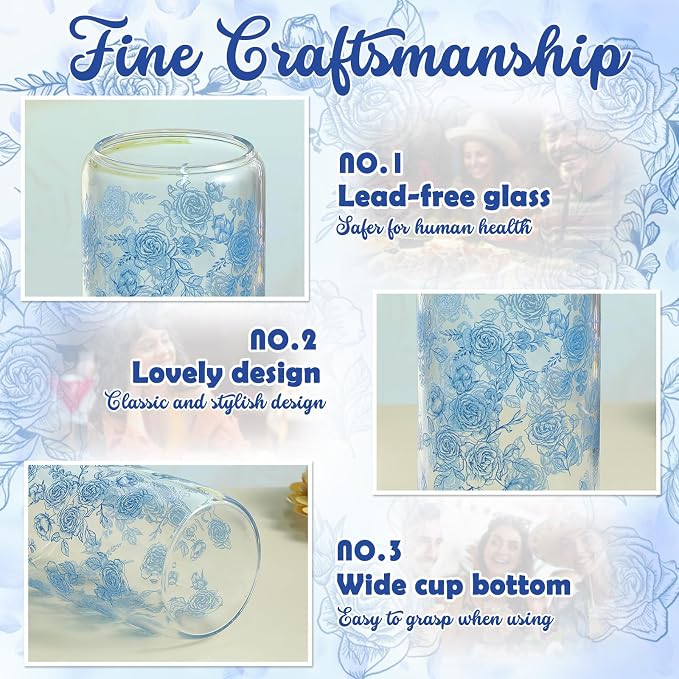 Sliner 2 Pcs Blue Flower Glass Cups Floral Gifts Drinking Glasses 16 oz Iced Coffee Tumbler with Lid Straw Beer Can Tumbler Cute Holiday Gifts for Home Office Decorations