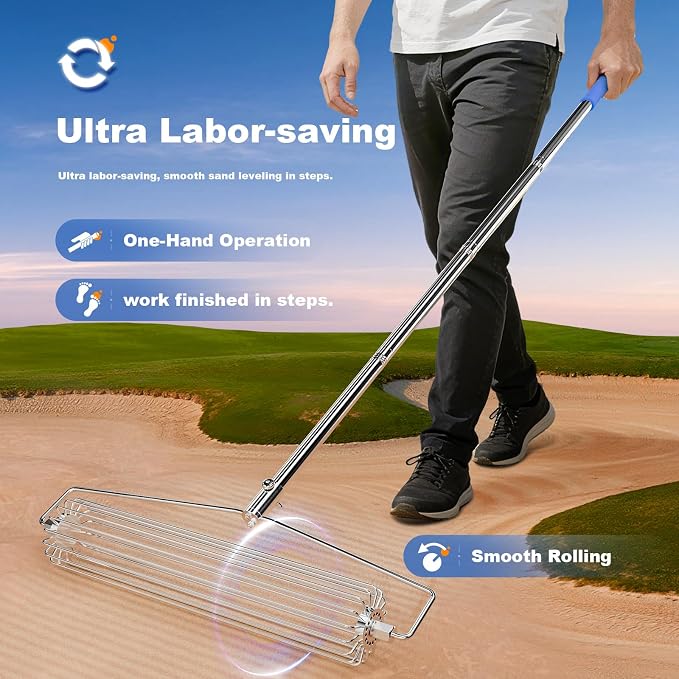 Golf Sand Leveling Rake, Bunker Rake for High Jump Long Jump Track and Field Sandy Golf Course, Roller Design Golf Sand Trap Bunker Simulator