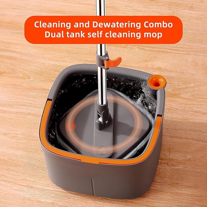Spin Mop and Bucket Set with 10 Replaceable Microfiber Mop Pads with Self Separation Dirty and Clean Water System, Self Wringing 360° Rotating Square Mop Head for Hardwood Tile Marble Floors