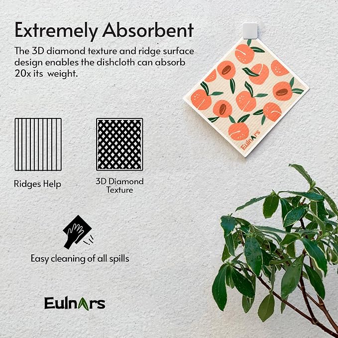 Eulnars Swedish Dishcloths for Kitchen, 8 Pack Reusable Paper Towels with Clips, Non-Scratch Swedish Kitchen Towels, Super Absorbent Cellulose Sponge Cloths, Dishwasher Safe, No Odor