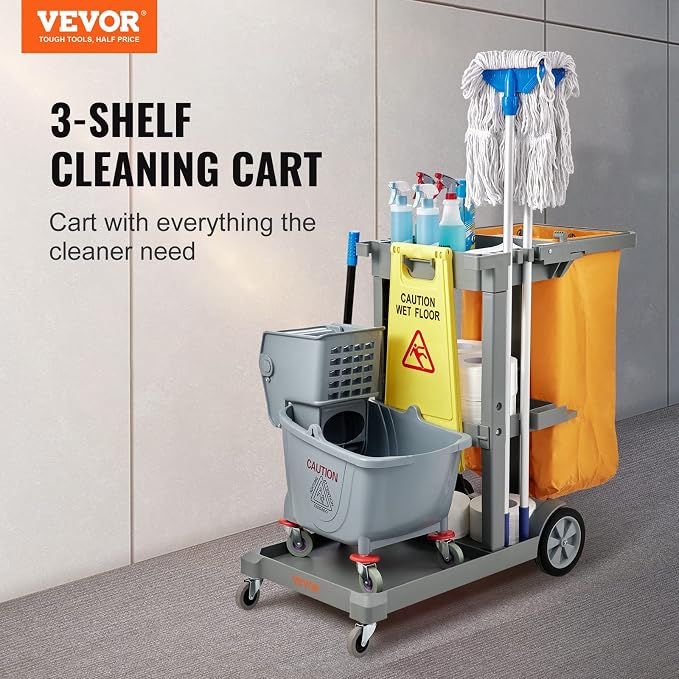 VEVOR Cleaning Cart, 3-Shelf Commercial Janitorial Cart, 200 lbs Capacity Plastic Housekeeping Cart, with 25 Gallon PVC Bag, 47" x 20" x 38.6", Yellow+Grey
