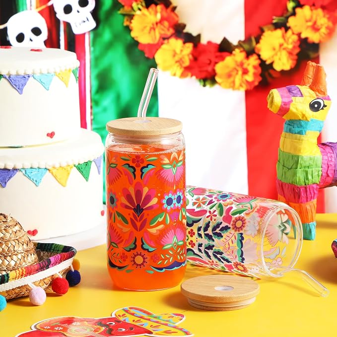 Sliner 2 Pcs Mexican Glass Cups Fiesta Cinco De Mayo Drinking Tumbler Mandala Flower Gifts 16 oz Iced Coffee Cup with Lid Straw Cleaning Brush for Home Office Holiday Decorations