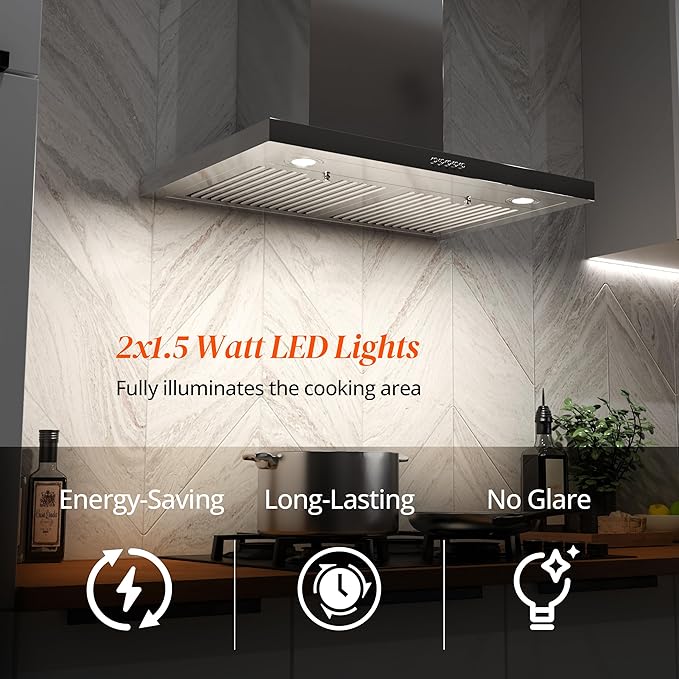 FIREGAS Wall Mount Range Hood 30 Inch, 600 CFM Ducted/Ductless Convertible Stainless Steel Kitchen Vent Hood with 3 Speed Fan, LED Lights and Push Button Control