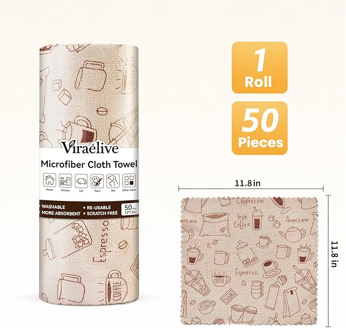 Microfiber Cleaning Cloth Roll, 50-Count Reusable Washable Rags, Absorbent Lint-Free Non-Scratch Streak-Free Tear-Away Barista Towels for Kitchen & Home, Bar & Studio, 12x12 in