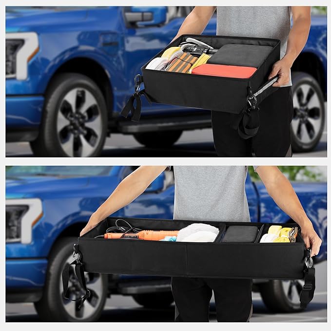 GRAOSO Trunk Under Seat Storage Fit for Super Crew, Tool Organizer Box Under Rear Seat for Three Seats with Removable Bottom Boards, Side Handles and Hook Snap Fix Straps, Black