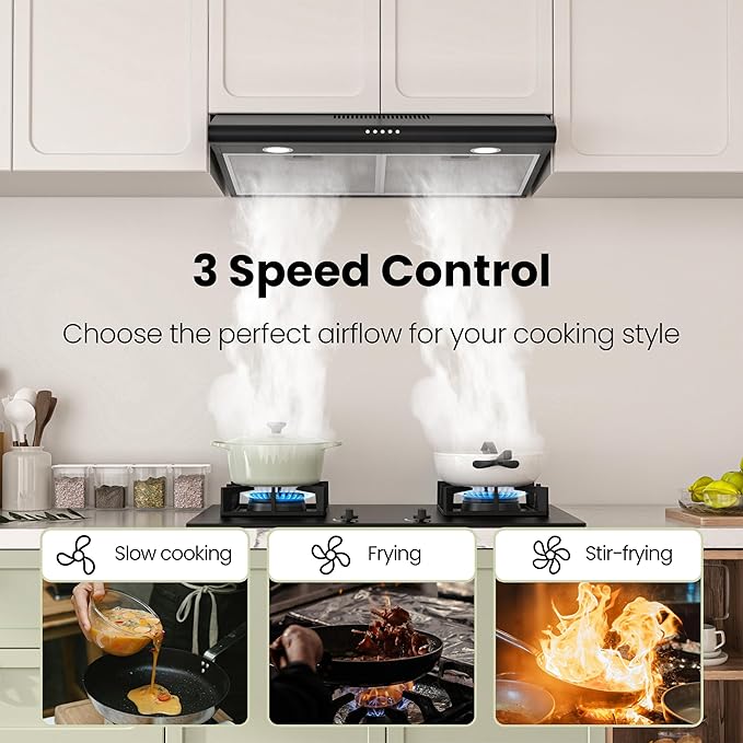 FIREGAS 30 Inch Black Under Cabinet Range Hood, Ducted/Ductless Convertible Kitchen Vent Hood with LED Light, 3-Speed Exhaust Fan, Push Button Control, Slim Stove Hood for Modern Kitchen