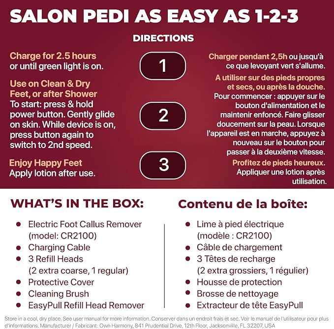 Own Harmony Electric Callus Remover with Vacuum - Foot Care for Women - Professional Pedicure Tools for Powerful Pedi Care Vac - 3 Rollers Electric Feet File CR2100 - Best for Hard Dry, Cracked Heels