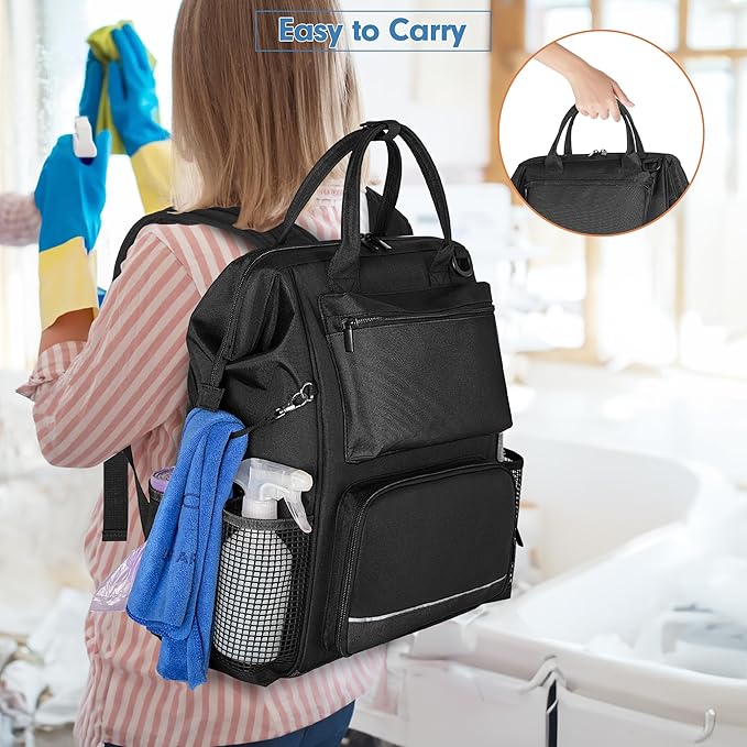 LoDrid Heavy Duty Cleaning Supplies Bag with Steel Frame Top, Large Cleaning Caddy with Adjustable Shoulder Straps and Multiple Pockets for Housekeeping Work, Black, Bag Only, Patent Designed