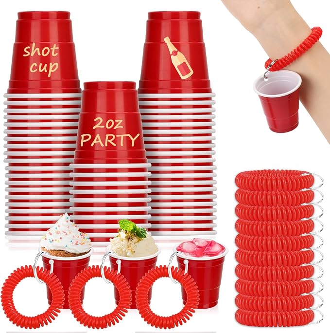 50 Pcs Red Shot Cups with Wristband for Party 2oz Plastic Shot Glasses Bulk Disposable Mini Shot Glasses with Bracelet Wear On Solo Cups for Valentine Carnivals Weddings Party Games Events Supplies