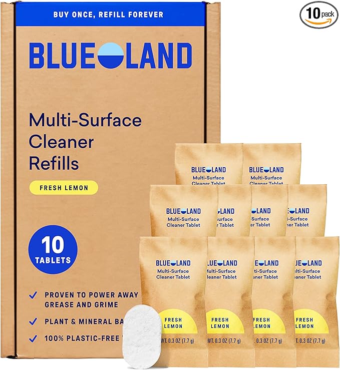 BLUELAND Multi-surface Cleaner, 10 Refill Tablets, Fresh Lemon Scent, All-Purpose, Eco-Friendly Cleaning Supplies, 10 x 24 Fl oz
