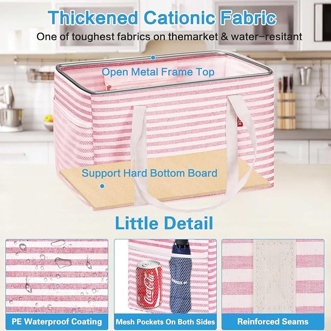 LHZK Standing Utility Tote Bag with Metal Wire Frame and the Sides Rinforced, Large Tote Bag with Handle, Reusable Grocery Bags Foldable, Beach Bag, Car Tote (Pink, 18.5''x11.8''x11.5'')