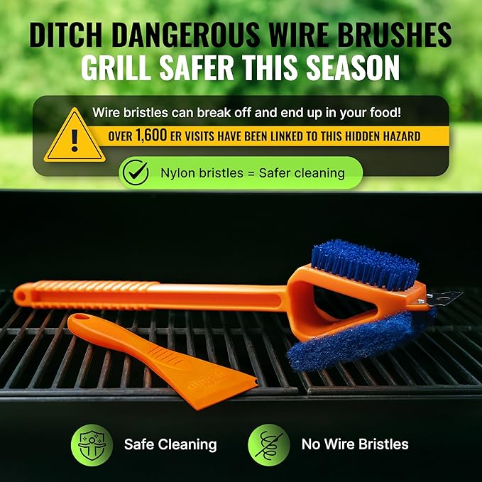 CitruSafe 3in1 Nylon Grill Brush with Cookbox Scraper - Made in USA - Non Metal, No Wire Bristles, Safe BBQ Brush for Outdoor Grills - Grilling Accessories & Tools to Clean Cool Grill Grates