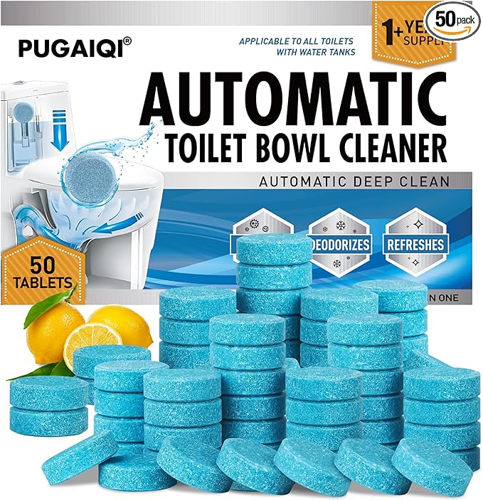 Automatic Toilet Bowl Cleaner Tablets,Blue toilet seat , Descale & Deodorize, Septic-Safe, Continuous Cleaning, Fresh Scent, Drop-In Tank Cleaner effective to use Works with Toilets 50 Pack-Permanence