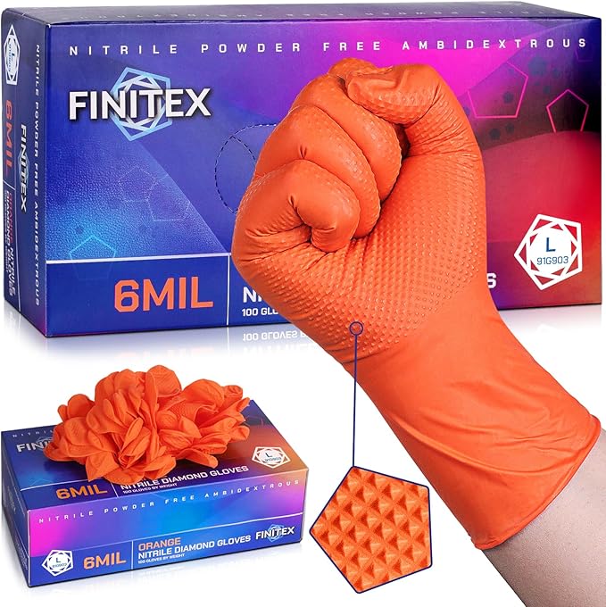 FINITEX Industrial Diamond Texture Nitrile Orange Glove - 100/1000PCS Chemical Resistant 6.3mil Mechanic Disposable Gloves