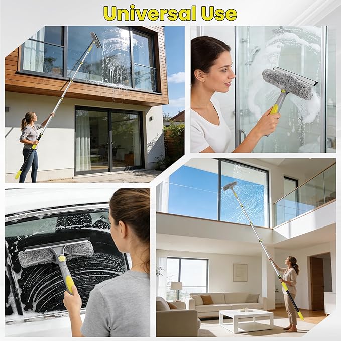 Window Squeegee with Extension Pole, 26FT Reach Squeegee for Window Cleaning, 2-in-1 Windows Washer, 180°Rotated Windows Cleaner Squeegees, Washable Window Squeegees for Home, Mirror, Car