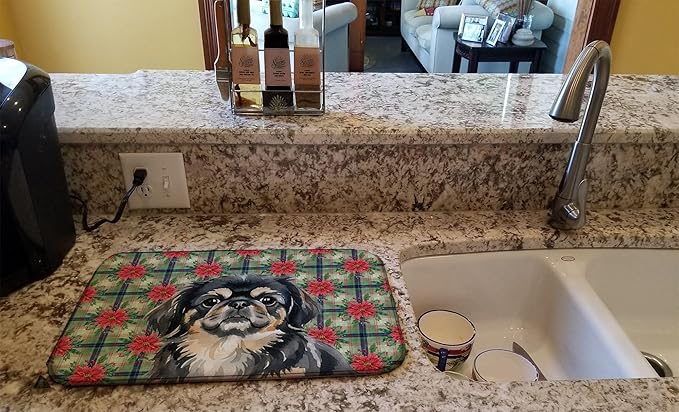 Caroline's Treasures Black and Tan Pekingese Christmas PoinsettIas Dish Drying Mat Absorbent Dish Drying Mat Pad for Kitchen Counter Dish Drainer Mat for Countertop, 14 x 21", Multicolor