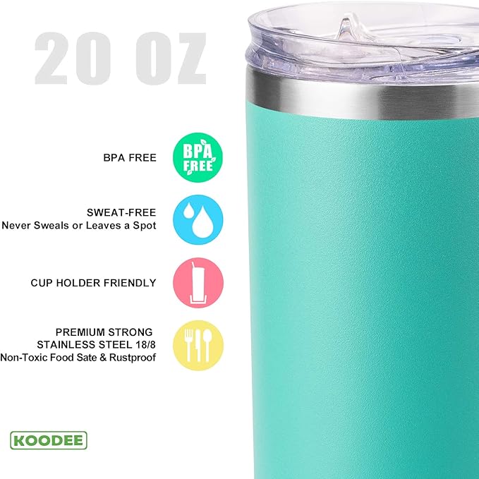 koodee 20 oz Stainless Steel Skinny Tumbler Double Wall Insulated Slim Water Tumbler Cup with Lids, Straws and Straw Brushes (Teal)
