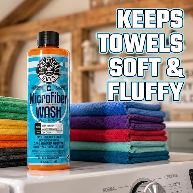 Chemical Guys Microfiber Wash Detergent, Concentrated, Fresh Citrus, 64 oz | Microfiber-safe concentrate for towels, mitts, and pads; lifts dirt, grease, and wax, restores softness, no softener needed