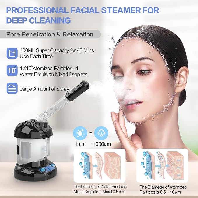 Facial Steamer - Ozone Steamer with Extendable Arm - Professional Nano Ionic Facial Steamer for Deep Cleaning - Portable for Personal Care Use at Home or Salon