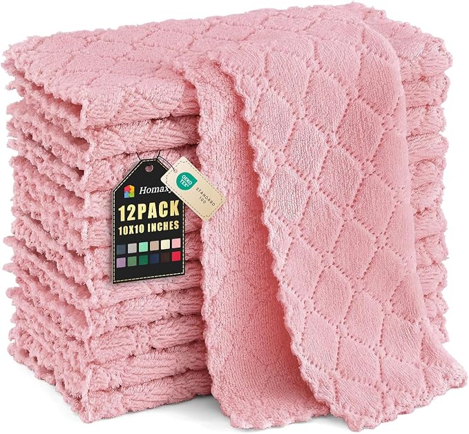 Homaxy 12 Pack Kitchen Dish Cloths (10 x 10 Inches, Pink), Super Soft and Absorbent Coral Velvet Dish Towels, Nonstick Oil Fast Drying Microfiber Cleaning Cloth, No Lint Household Dishcloths