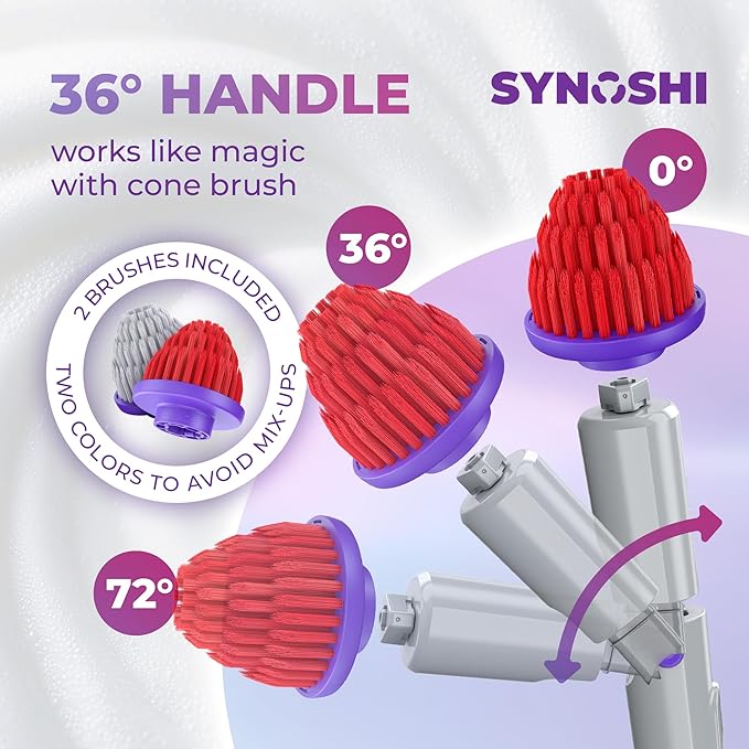 Synoshi PRO Electric Spin Scrubber with Long Handle & Cone Brush Heads – Cordless Shower Scrubber, Bathroom Cleaning Brush, Adjustable Angles, 2 Speeds Power Scrubber for Tub, Floor & Tile