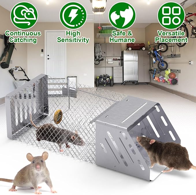 Humane Mouse Trap Automatic Continuous Mice Trap Rodent Control Bait Catch Single Door Rat Trap Cage Live Ratinator Rat Trap for Indoor and Outdoor Mouse Voles Hamsters