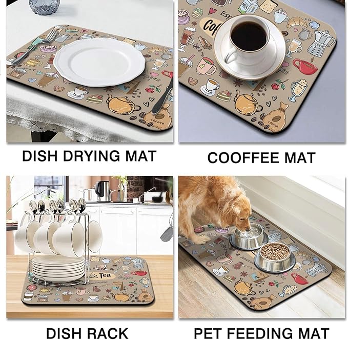 Fun Coffee Bar Mat 24inx18in, Absorbent Hide Stain Anti-Slip Accessories Fit Under Coffee Machine, Dish Drying Mat for Countertops
