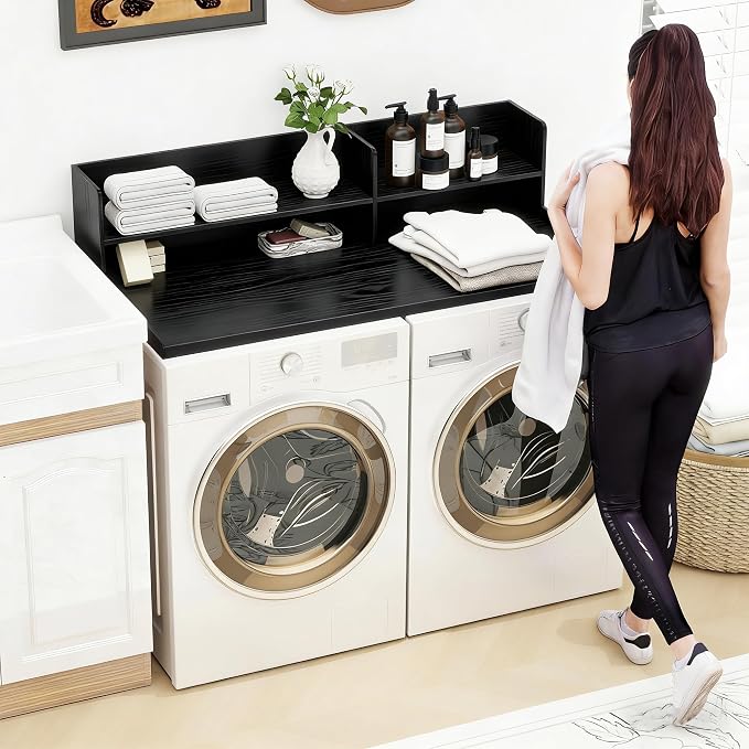 Wooden Washer Dryer Countertop Shelf, Laundry Countertop,54.7"X 28.3"Black | Washer And Dryer Countertop Adjustable Shelf,Washing Machine Topper 3-In-1 Folding Sorting & Ironing,Space Saving Laundry
