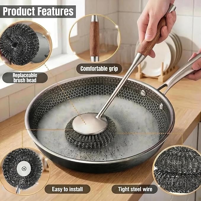 Stainless Steel Scrubber Set, Steel Wool & Steel Ball Cleaning Brush with Replaceable Heads, Heavy Duty Steel Cleaner for Oven, Stove, Dishes & Grill,4Pcs Includes 2 Pcs Pads