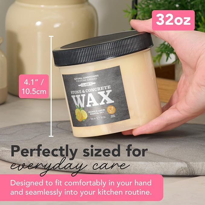 CLARK’S Natural Stone Wax - Seal and Protect Soapstone, Slate and Concrete with Carnauba and Beeswax - Use on Kitchen and Bath Countertops - Enriched with Lemon and Orange Extract, Large 32oz