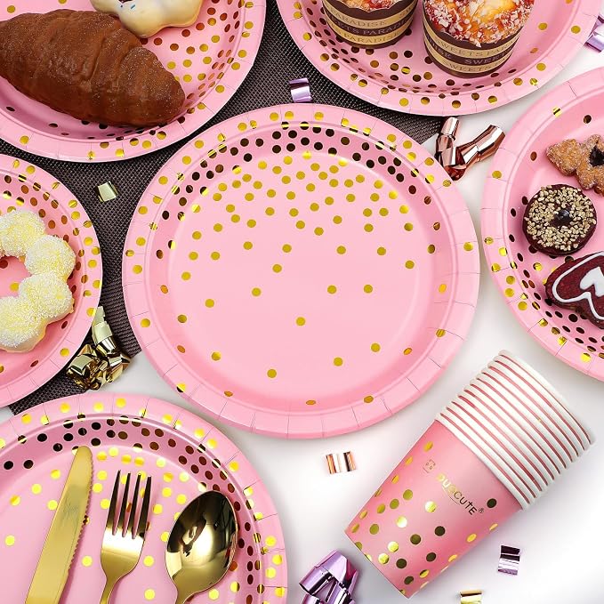 Pink and Gold Party Supplies 145PCS Golden Dot Paper Party Dinnerware Includes Paper Plates, Napkins, Knives, Forks, Cups, Banner, for Bachelorette, Girl Birthday, Baby Shower, Serves 24